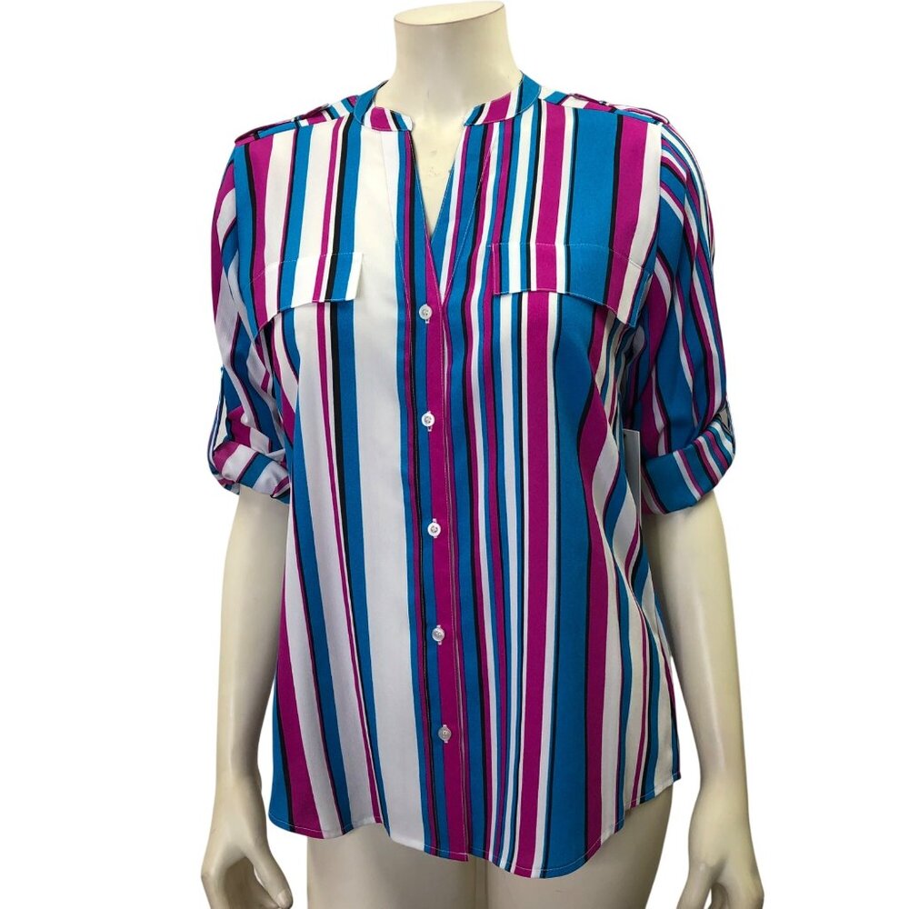 Calvin Klein Womens Striped Button-Down Blouse With Roll-Up‎ Sleeves SM NWT